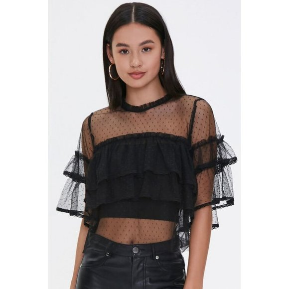 Forever 21 Tops - Forever 21 Sheer Tulle Tiered Ruffle Dot Mesh Knit Blouse Top Flounce Layers